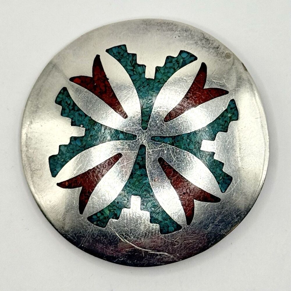 Carl Allen Begay Coral Turquoise Inlay Signed Navajo Native American Pin Brooch